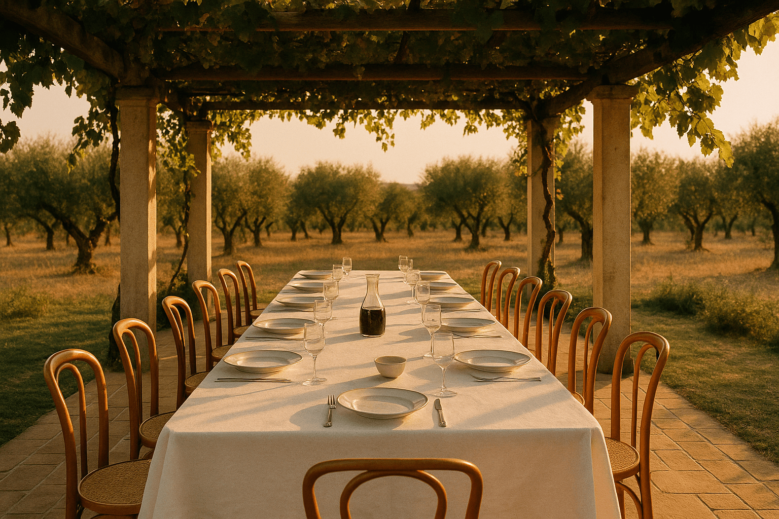 A long lunch table set under the vine-covered pergola, dappled light on white linen