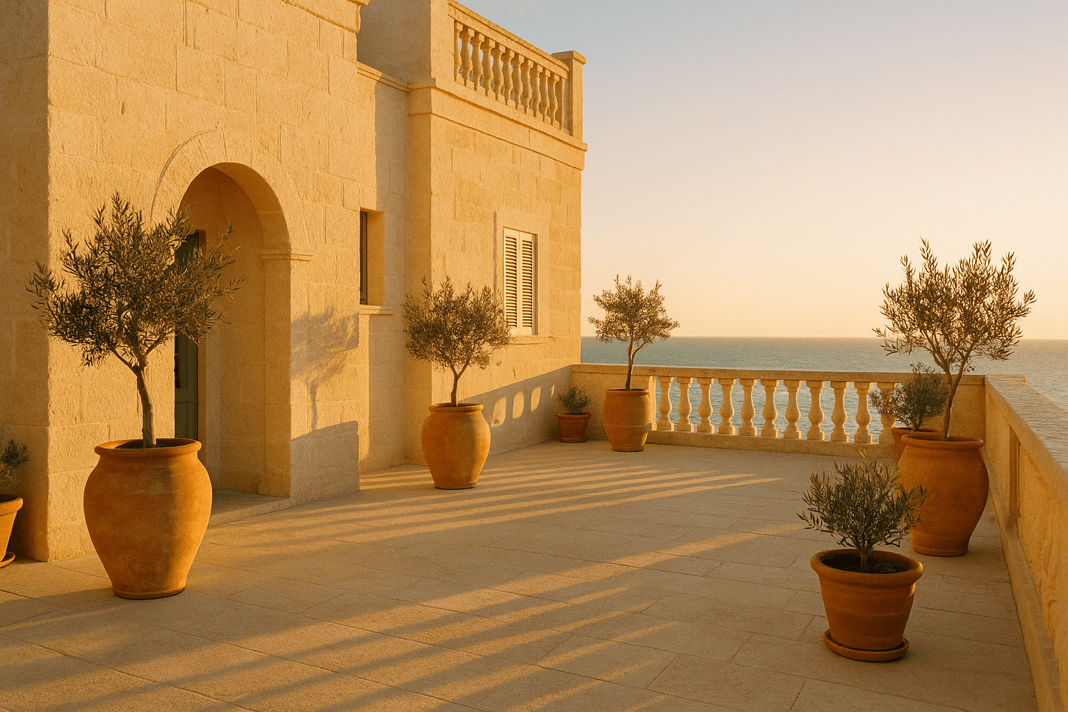 Sunlit stone terrace at Casa Lumen with terracotta pots and the sea beyond