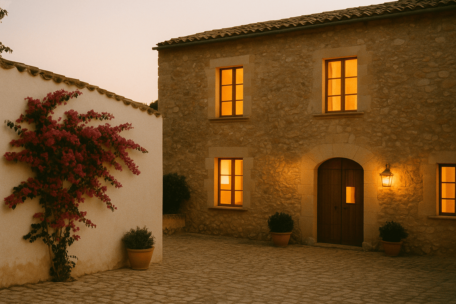 The stone facade of Casa Lumen at dusk, lamplight in the windows